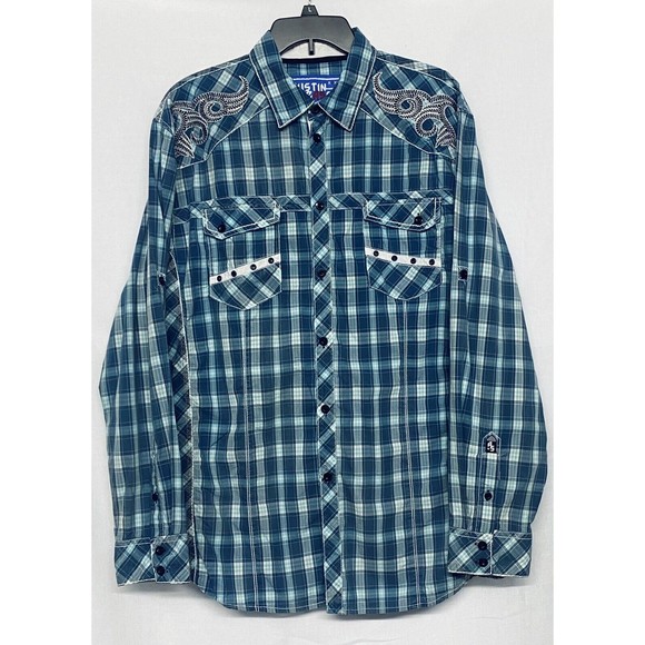 Austin Season Men's Embroidered Blue Plaid Long Sleeve Button Up Western Shirt L - Picture 1 of 14